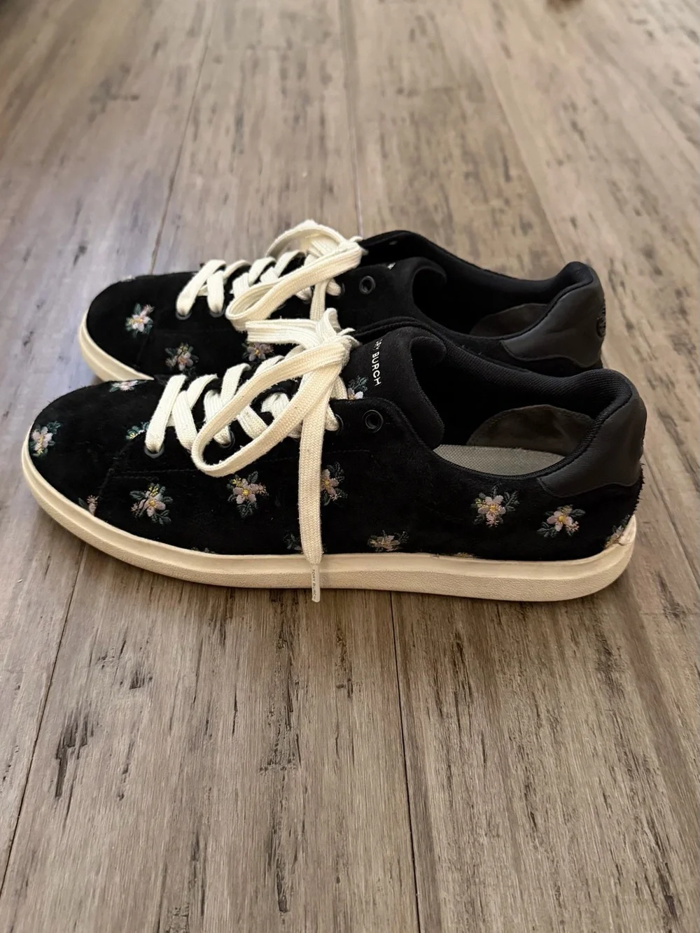 Tory Burch Black Suede Floral Embroidered Sneakers with Cream Laces
